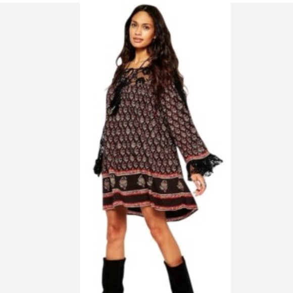 Free People Nomad Child Boho Dress Sexy Lace back fringe Dark Floral S Oversized - Picture 3 of 16